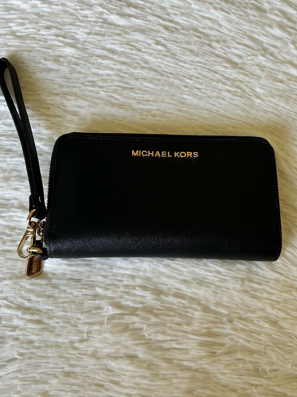 Michael Kors Black Saffiano Leather Zip Wristlet with Gold Hardware